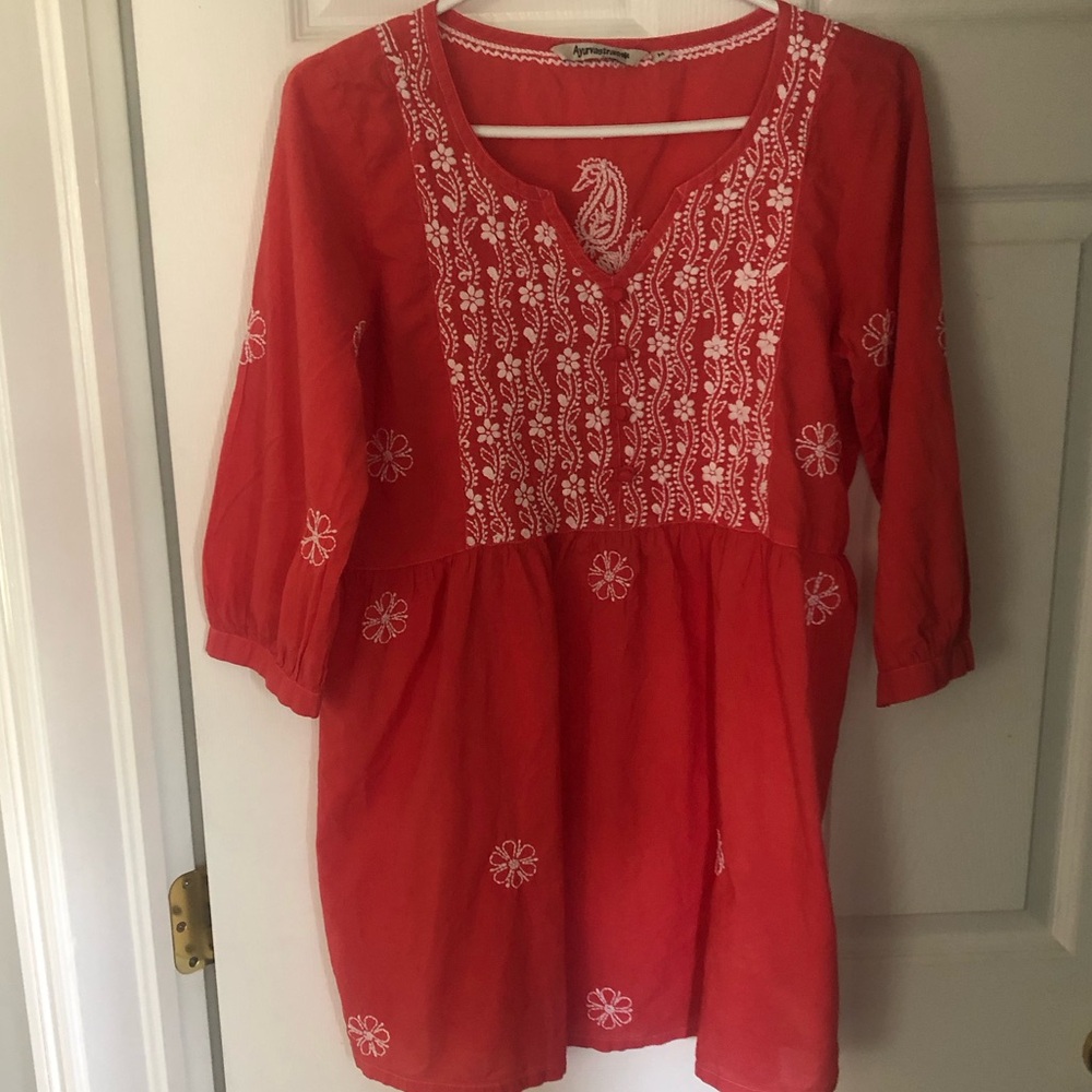 Ayurvastram Cotton burnt orange red cotton chikankari embroidered kurta top